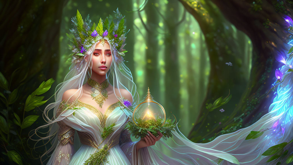 Ethereal woman with nature crown holds mystical orb in forest