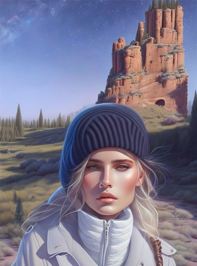 Digital artwork featuring woman in beanie and white jacket with rocky tower in starry sky landscape.