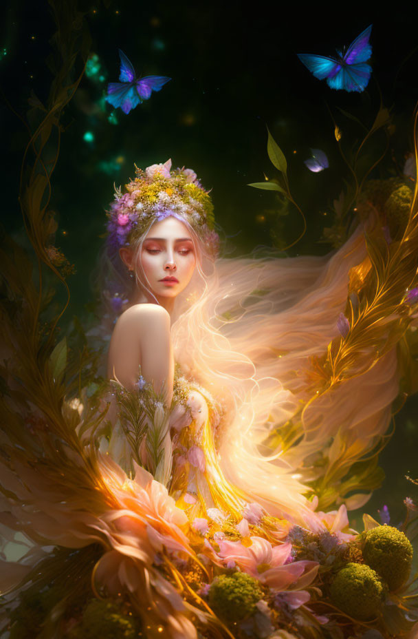 Mystical female figure with floral crown and butterflies in radiant light