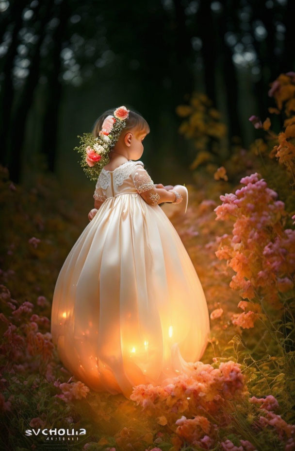 Young girl in glowing dress in fairy-tale forest with pink flowers