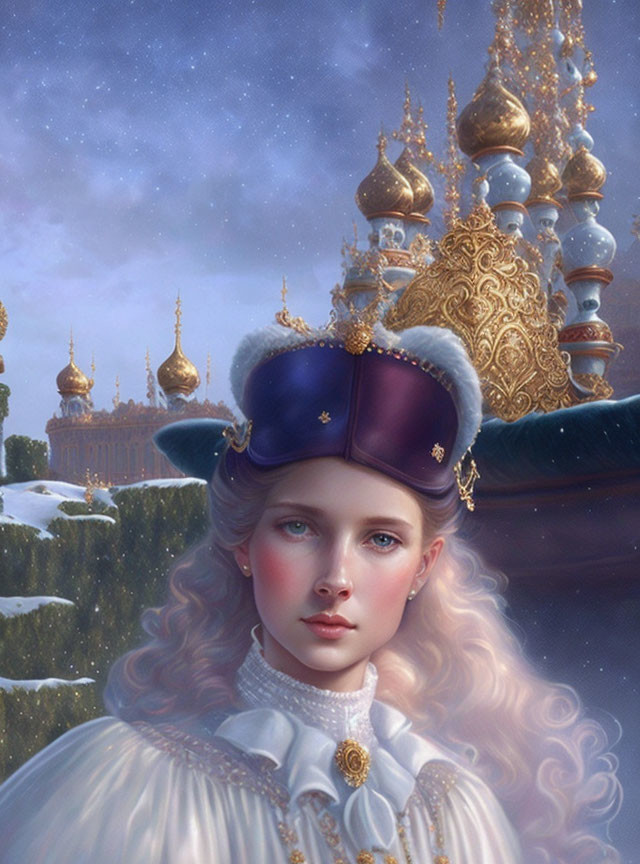 Digital portrait of fair-skinned woman in blue hat against ornate golden domes