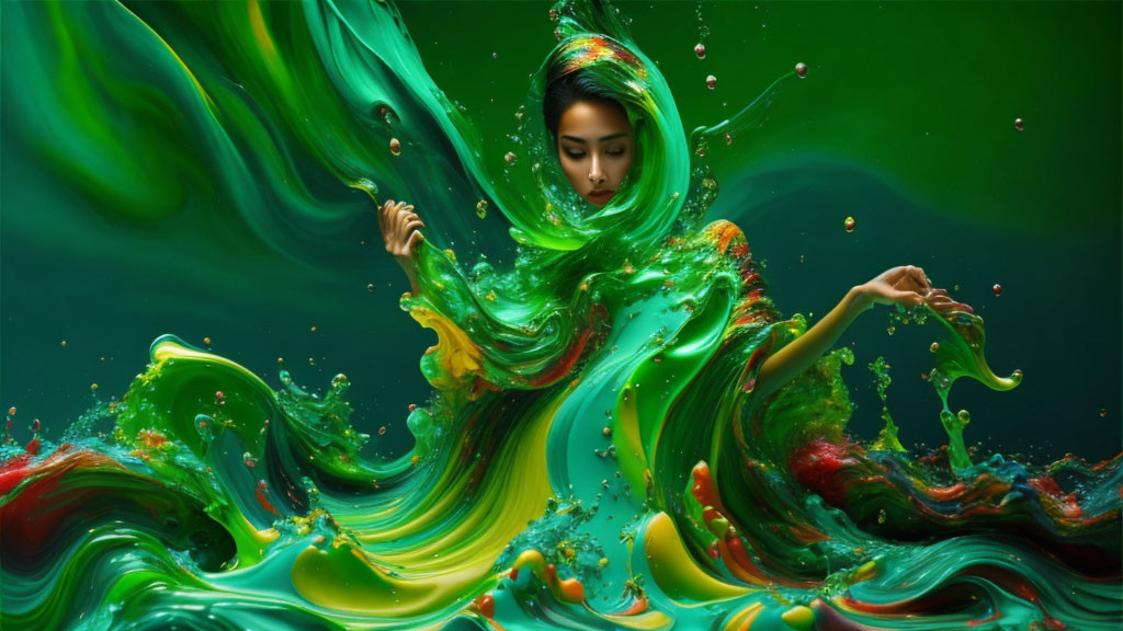 Vibrant woman in flowing silk colors on dark green backdrop