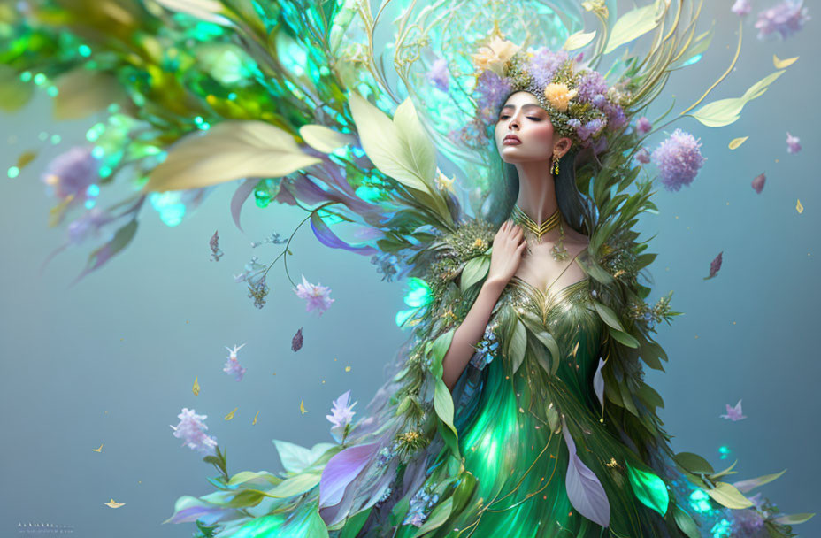 Botanical-themed fantasy figure with serene expression