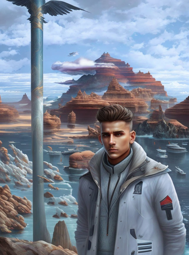 Modern man portrait against fantastical backdrop of floating islands & waterfalls