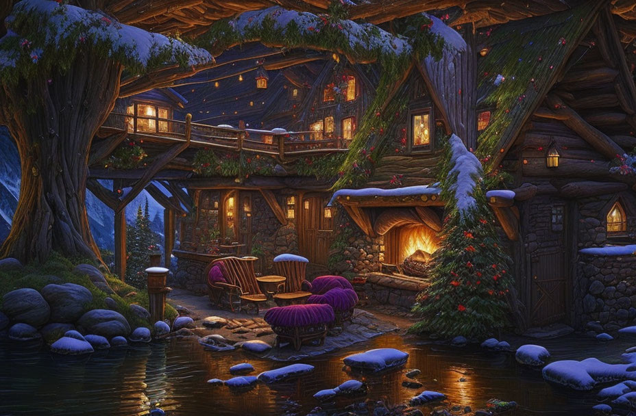 Riverside wooden cabin with Christmas lights and fireplace