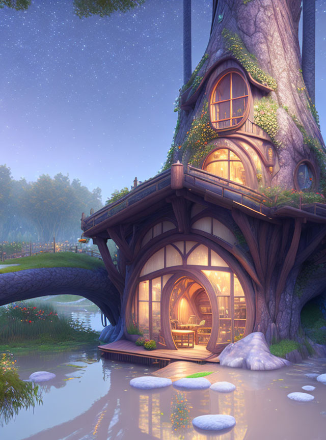 Cozy treehouse at twilight by serene water