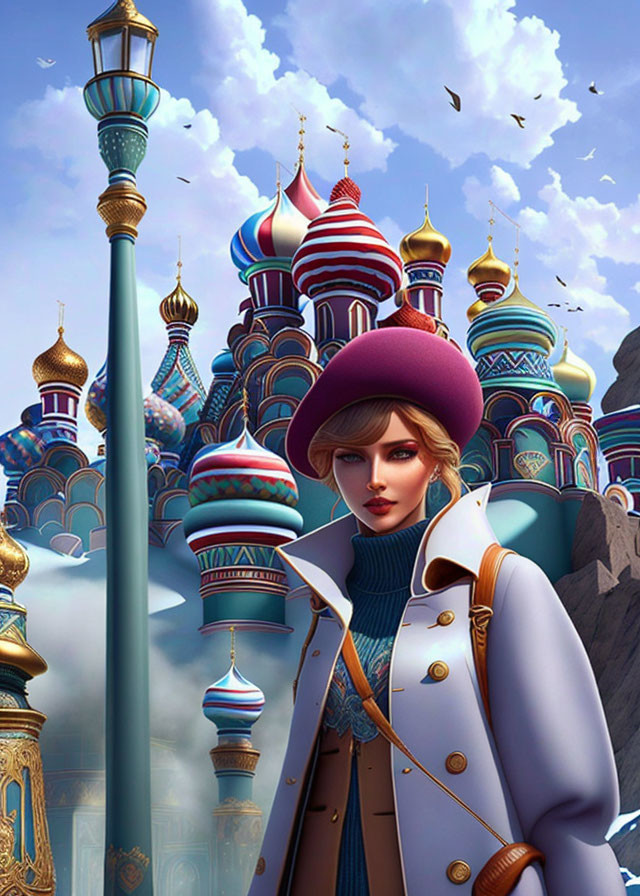 Woman in Burgundy Hat and White Coat with Whimsical Buildings and Blue Sky