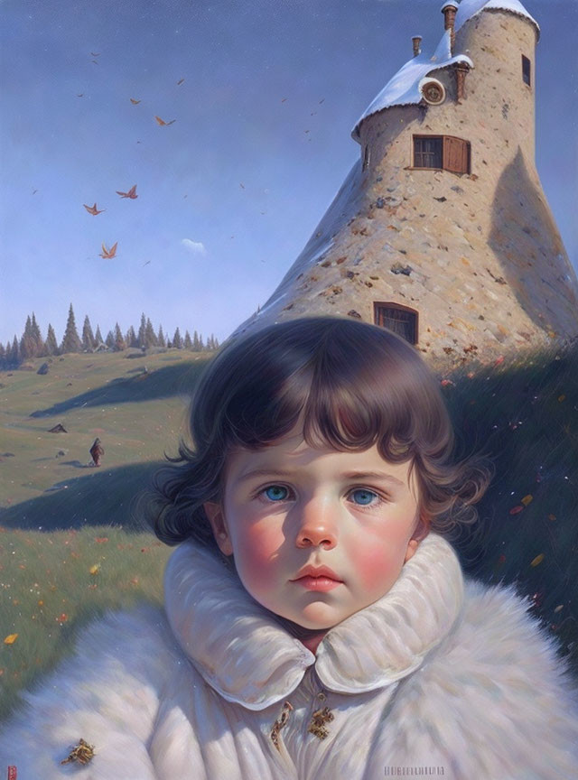 Realistic painting of child with blue eyes in fur coat, tower, countryside, birds, figures