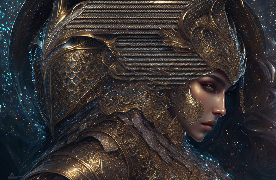 Detailed digital artwork: Female figure in golden armor against starry backdrop