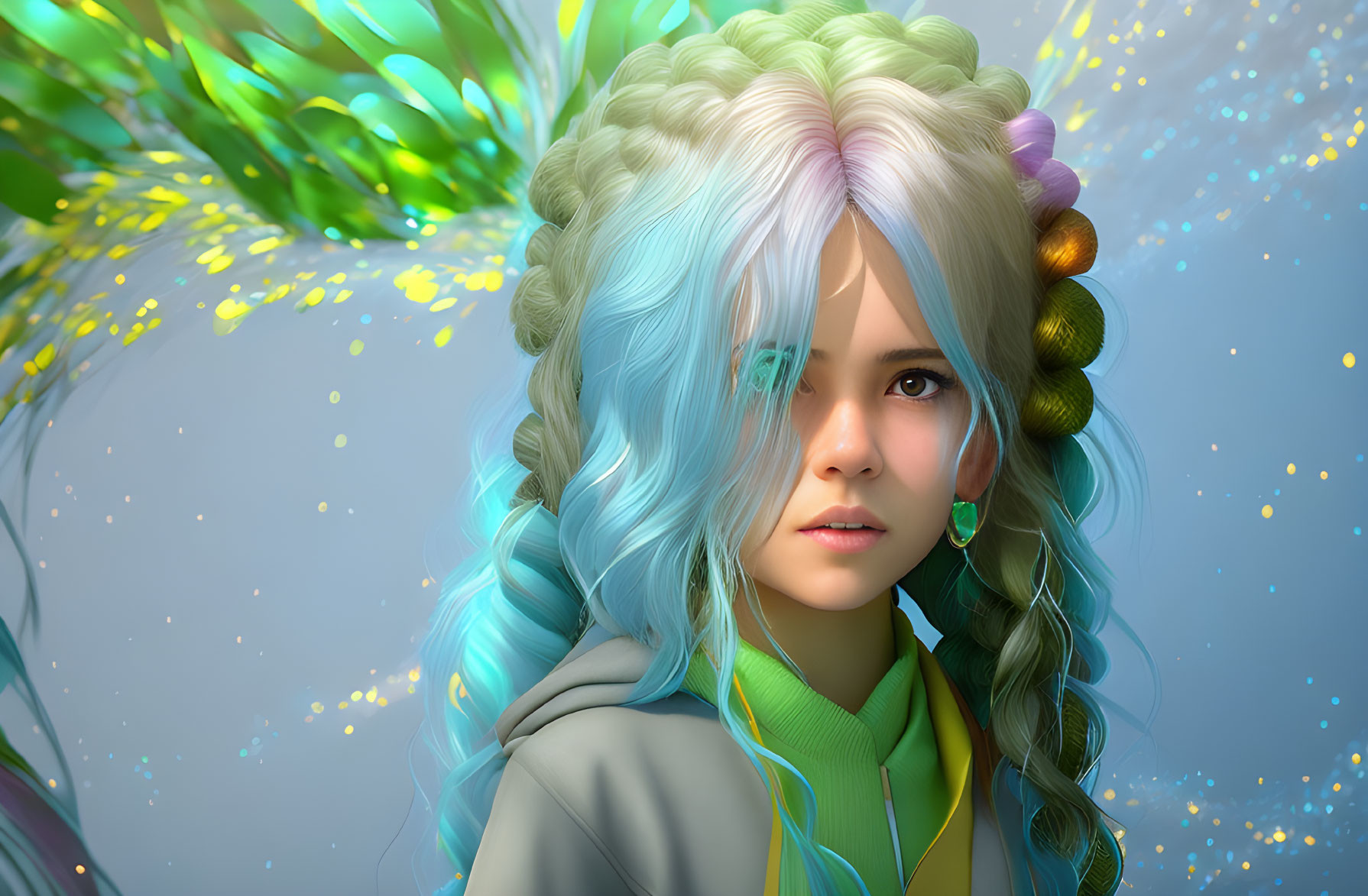 Multicolored hair girl in serene digital artwork