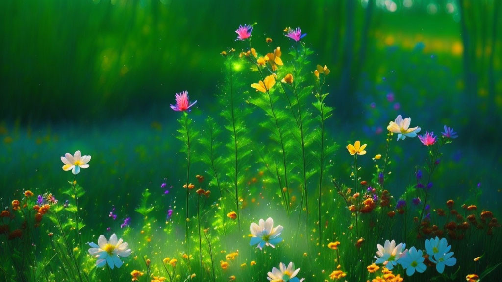 Vibrant wildflowers in lush green meadow under soft sunlight