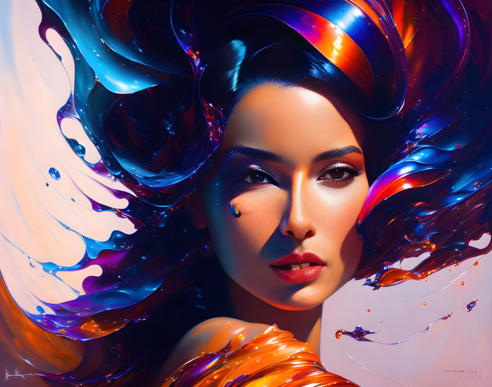 Colorful digital artwork: Woman with flowing liquid-like hair on warm background