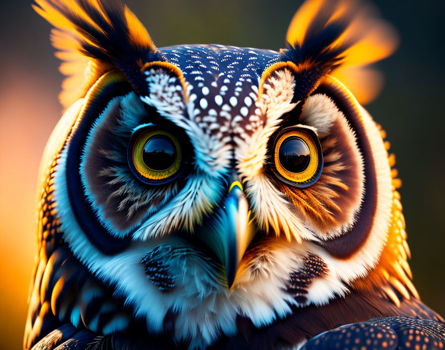 Colorful Owl with Golden Eyes and Detailed Feathers on Warm Background