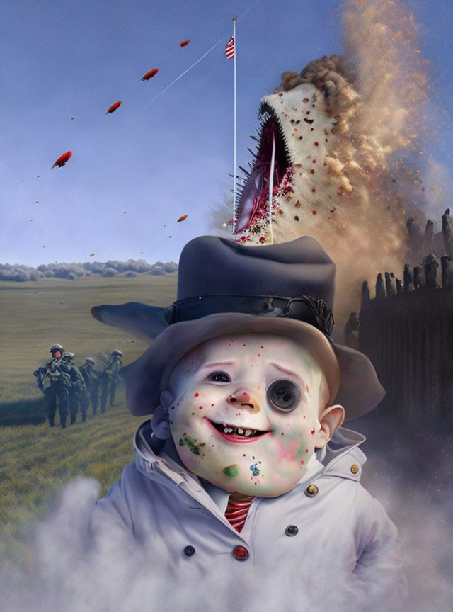 Surreal image: giant baby, soldiers, monstrous mouth, kites, pastoral landscape