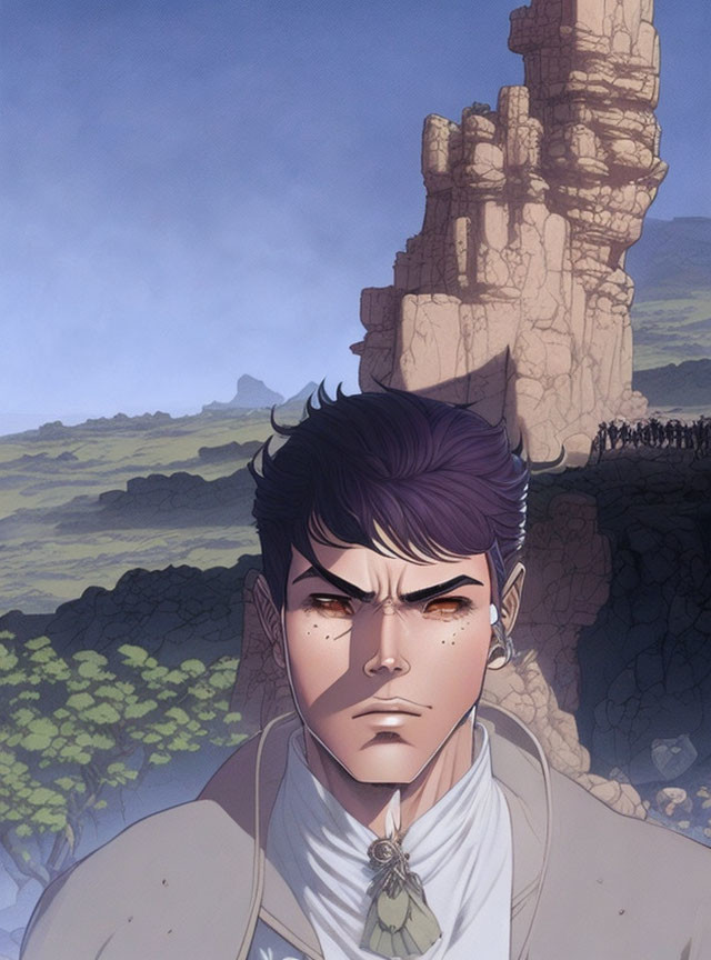 Illustrated character with dark hair, prominent ears, and freckles in rocky landscape.