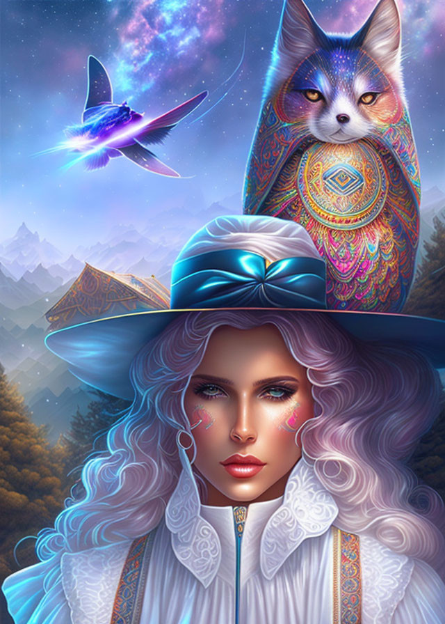 Fantastical Artwork: Woman with White Hair, Cosmic Cat, Hummingbird, Mountainous