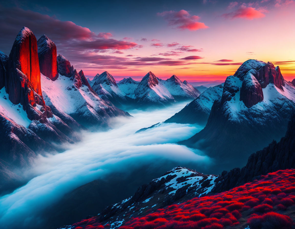 Surreal sunset mountain landscape with red vegetation and misty valleys