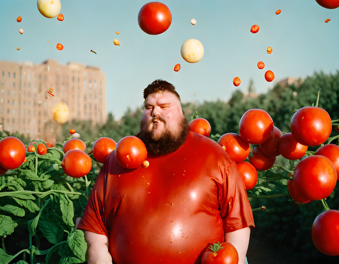 Man in red shirt surrounded by flying tomatoes and plants with buildings in background.