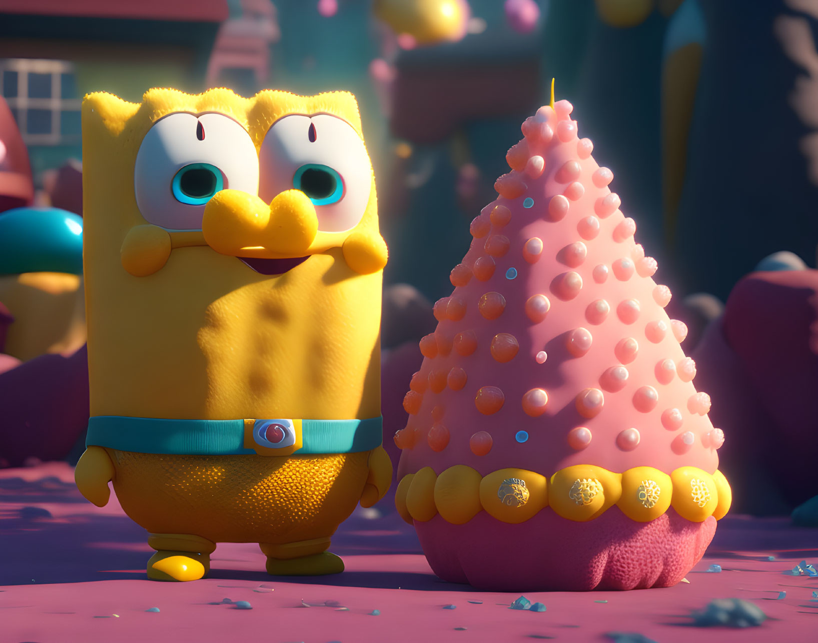 Colorful 3D animation of yellow owl and pink conical characters with large eyes in confetti