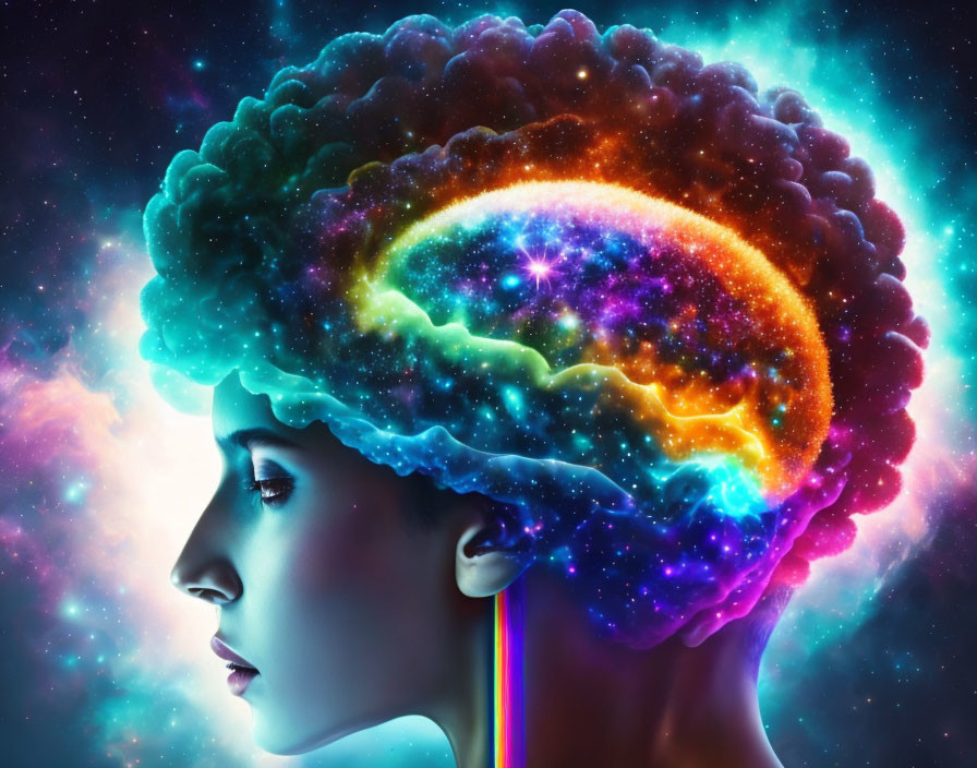 Profile of a woman with cosmos-filled brain against starry nebula background