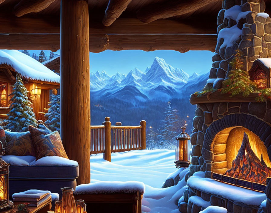 Winter cabin scene with fireplace, snowy ground, and twilight mountains