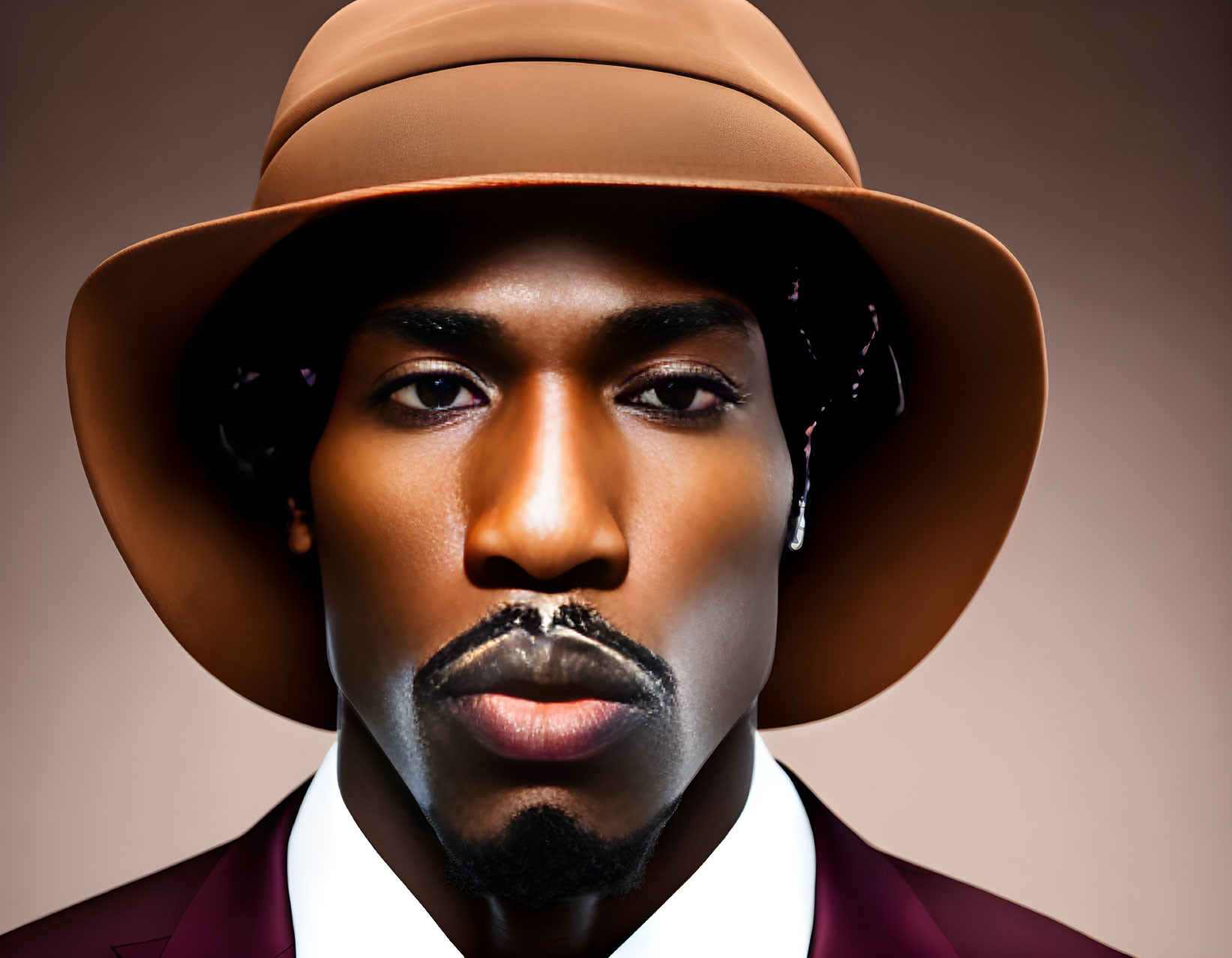 Portrait of man in wide-brimmed hat, headphones, burgundy suit.