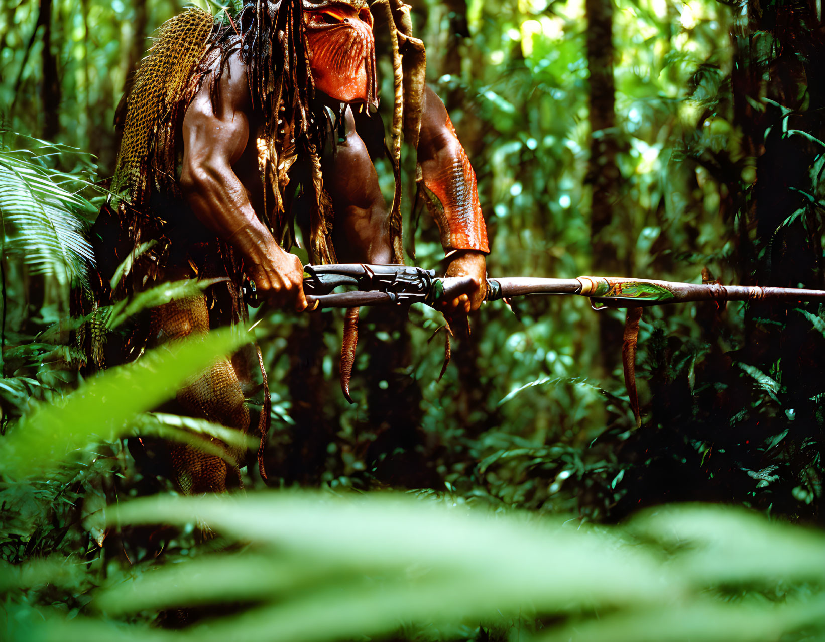 Muscular figure in tribal attire with body paint holding a spear in lush jungle