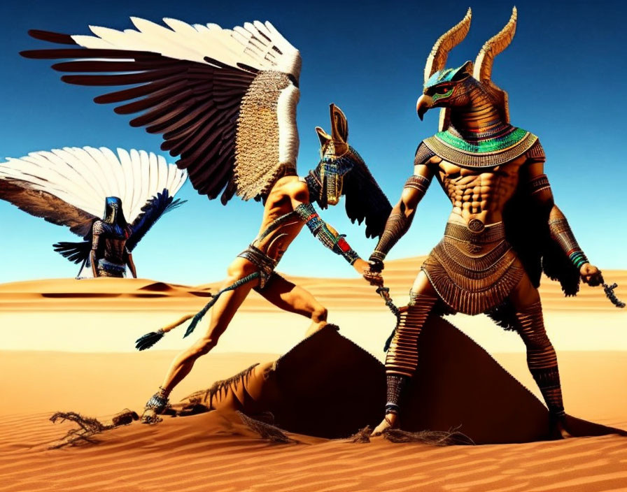 Three Egyptian mythology-inspired figures in desert costumes with bird-like features and Anubis-like jackal head