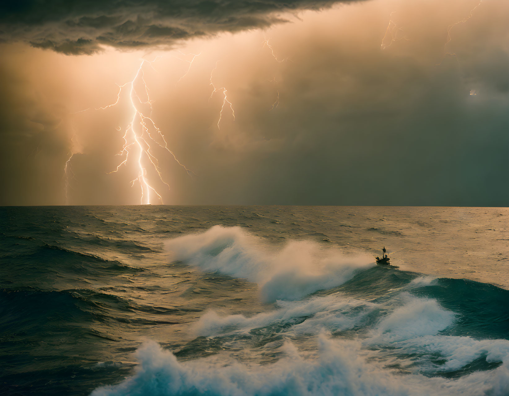 Small boat in turbulent ocean waves during dramatic lightning storm