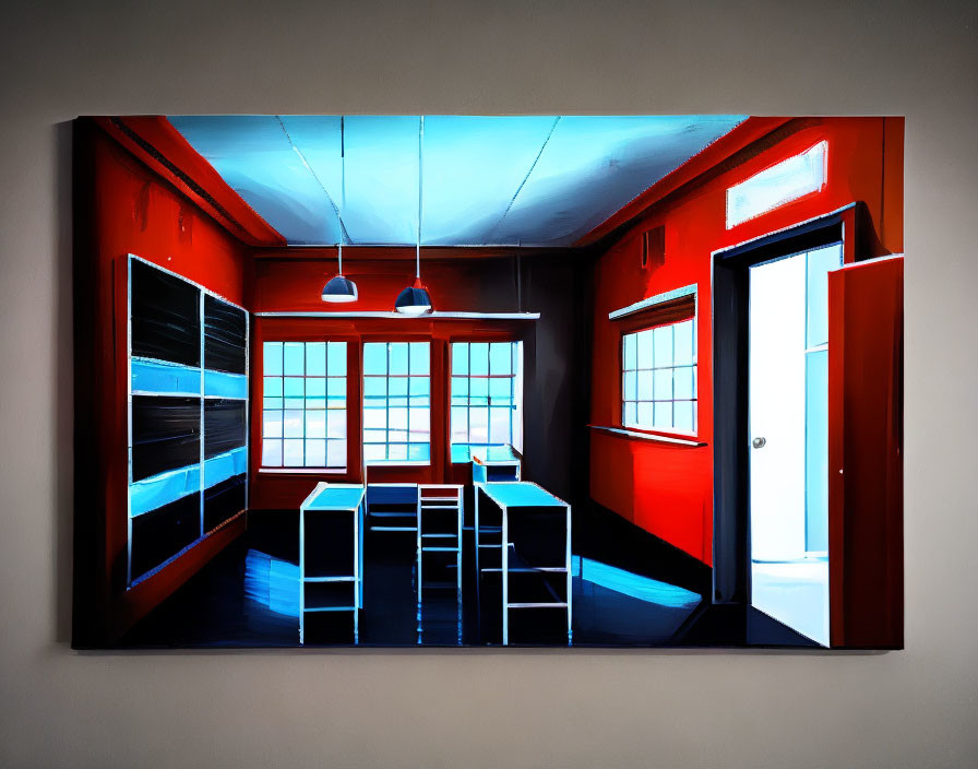 Colorful Room Painting with Red Walls, Blue Chairs, Table, Lights, and Open Door Displayed