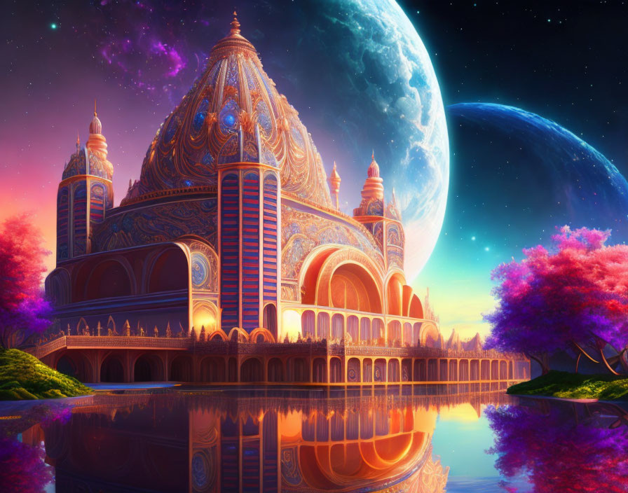 Fantasy palace under starry sky with moon reflection in serene water.