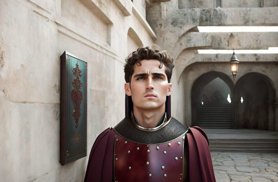 Medieval armor-clad man in maroon tunic against stone wall with archway.