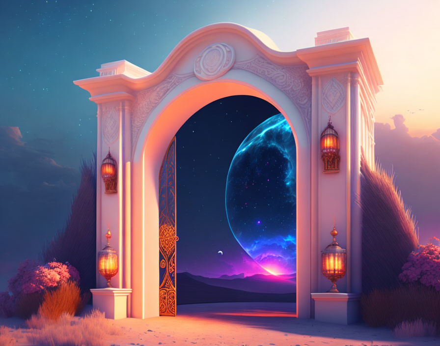 Ornate gate leading to mystical night landscape with large moon and stars