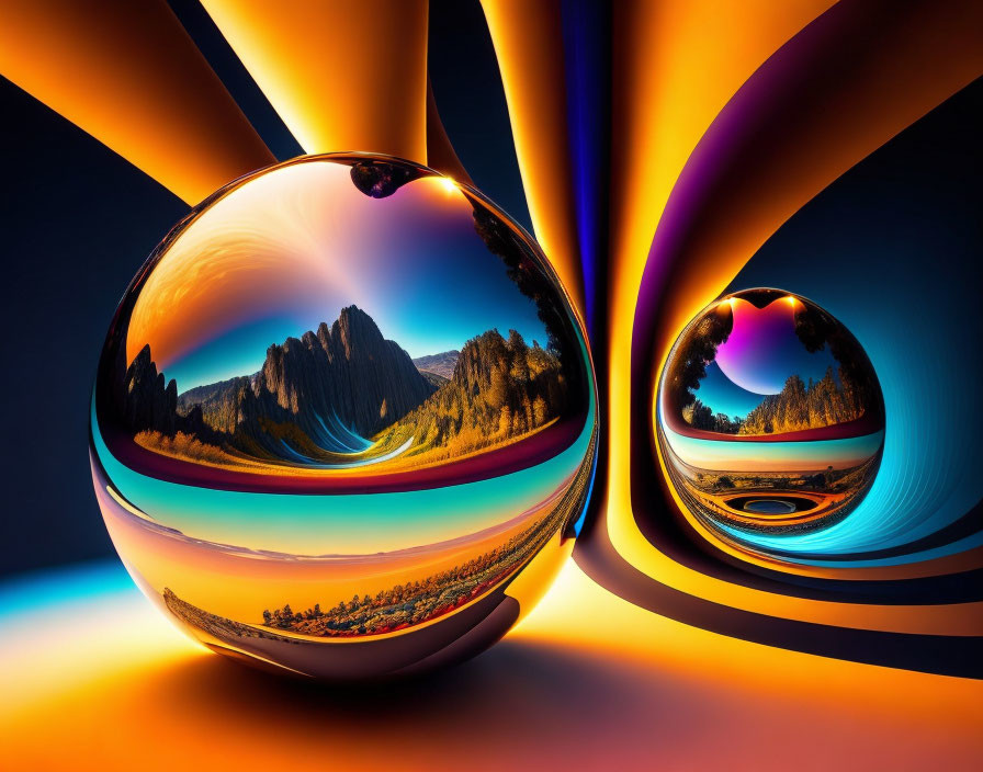 Reflective spheres in colorful mountain landscape with swirling hues