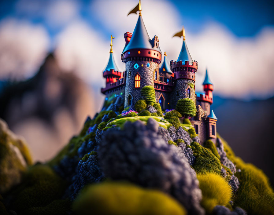 Colorful miniature castle on mossy hill with spires and flags in shallow focus