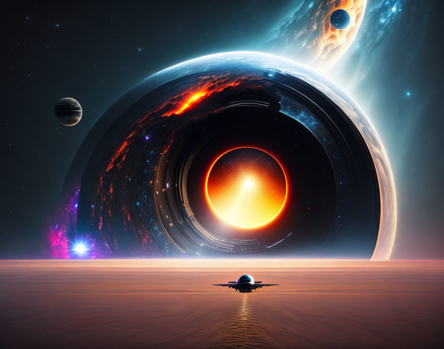 Futuristic spaceship on barren surface with black hole and cosmic backdrop