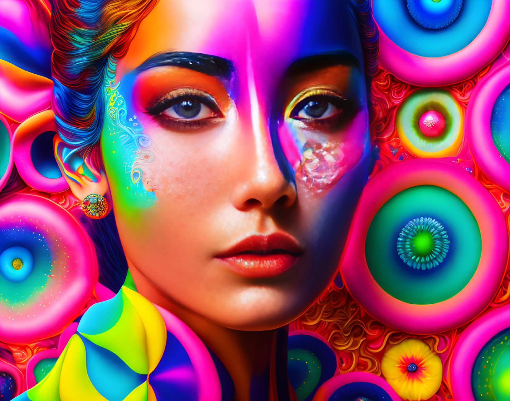 Colorful digital art: Woman with multicolored face paint on vibrant floral backdrop