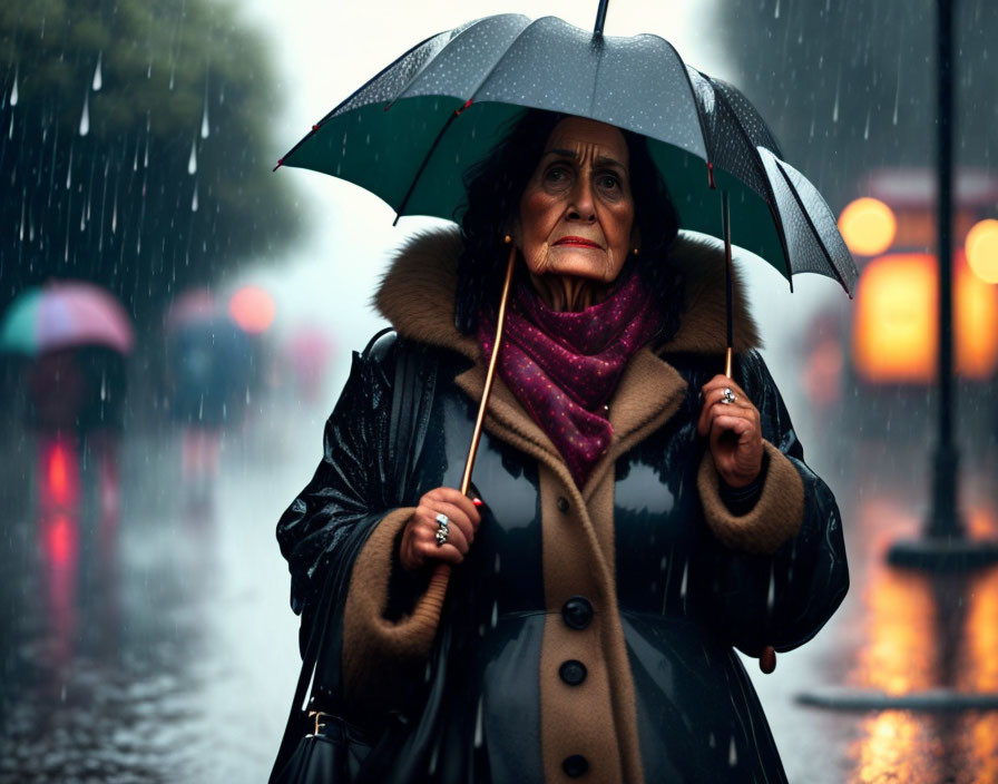 Elderly woman with glasses holding umbrella in the rain with blurred street lights