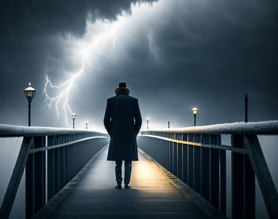 Mysterious figure on pier under stormy sky with lightning