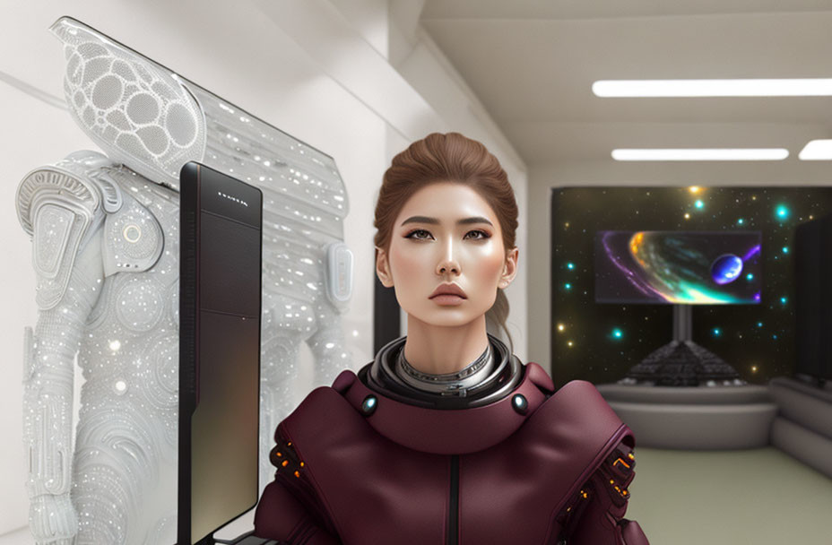 Digital artwork: Woman in futuristic attire on spaceship gazing at outer space.