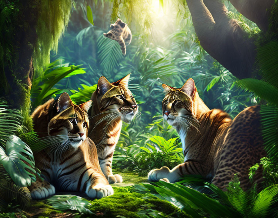 Three Ocelots Rest on Mossy Log in Lush Jungle