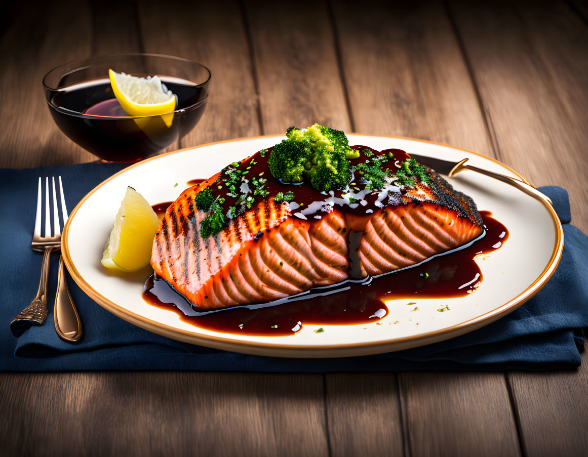 Grilled Salmon Fillets with Glaze, Broccoli, Lemon Slice on Oval Plate