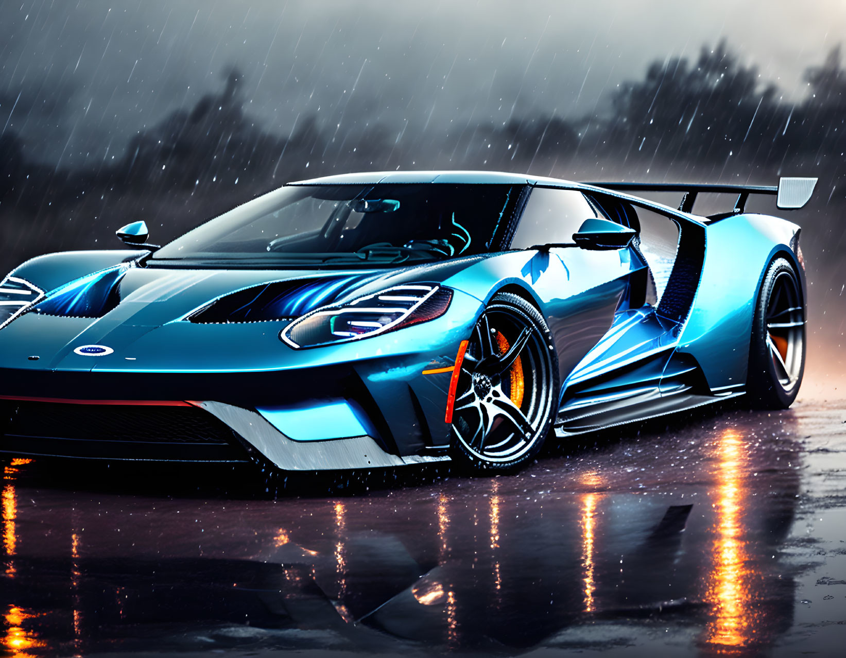 Blue Sports Car with Orange Accents Parked in Rain on Wet Asphalt