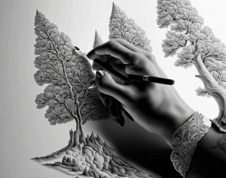 Monochrome hand drawing blends art and nature seamlessly