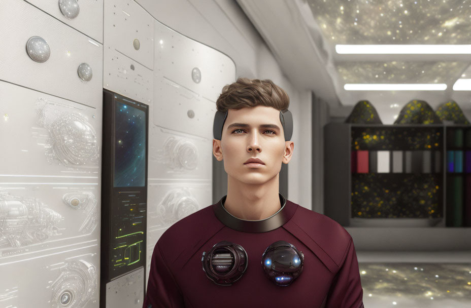 Stylish young man in futuristic uniform on spacecraft with glowing panels.