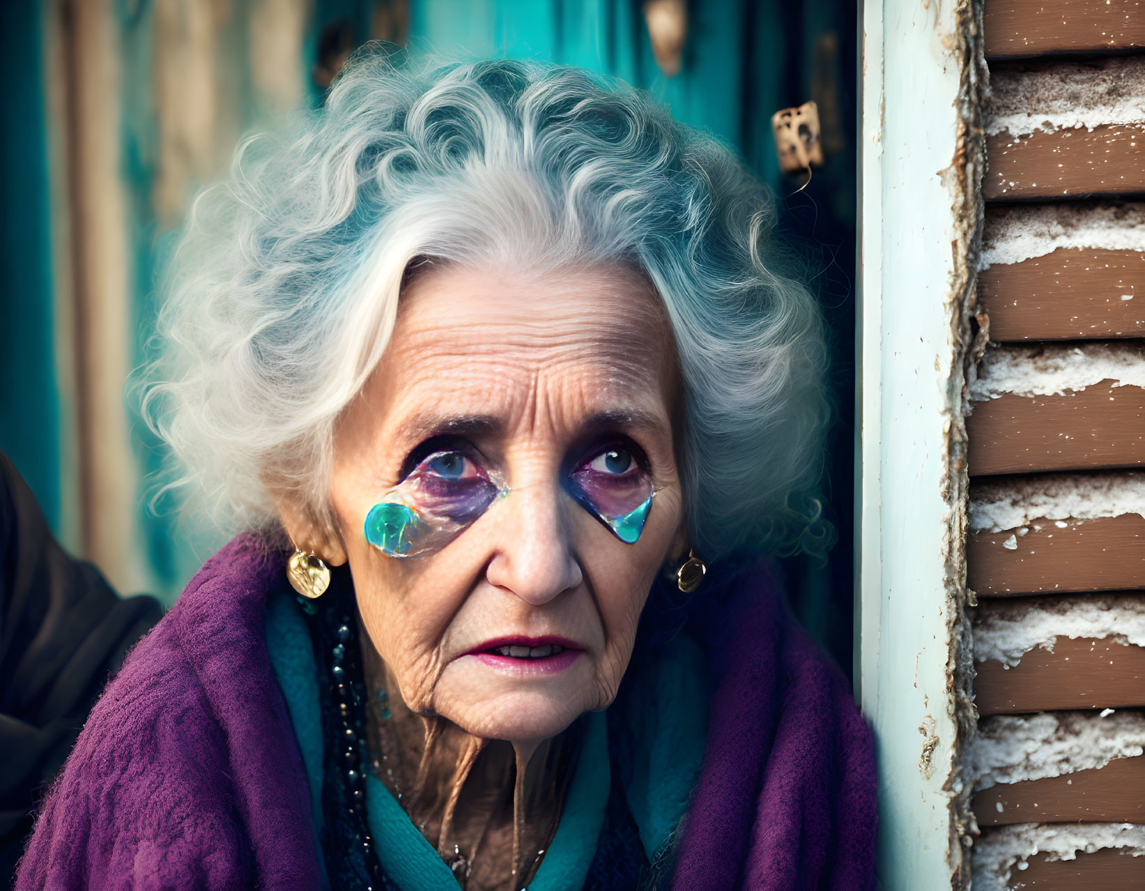 Elderly woman with blue hair and teardrop face paint in purple shawl