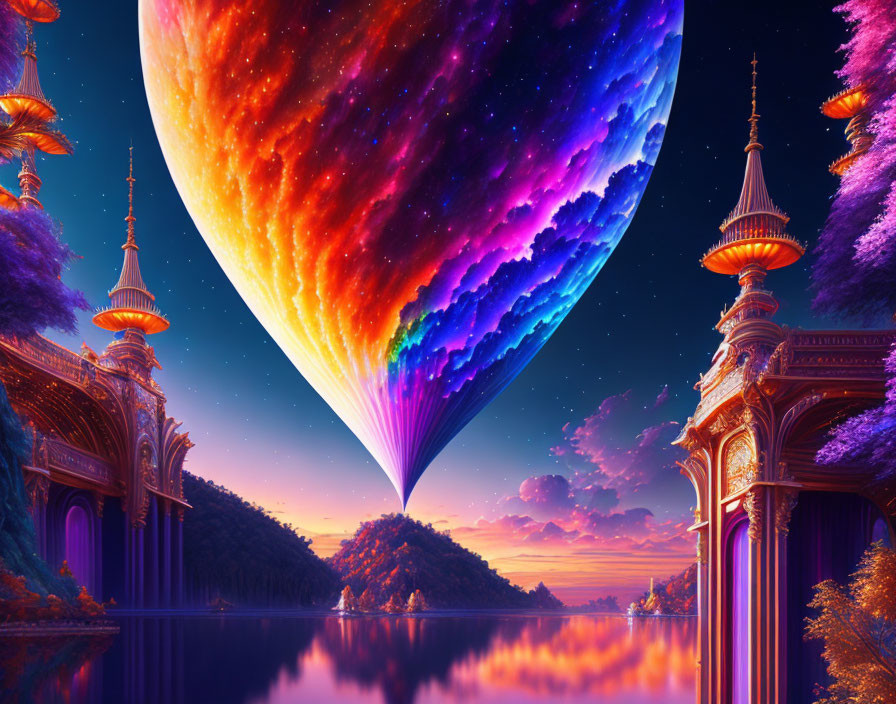 Fantastical landscape with ornate buildings and vibrant sunset colors.