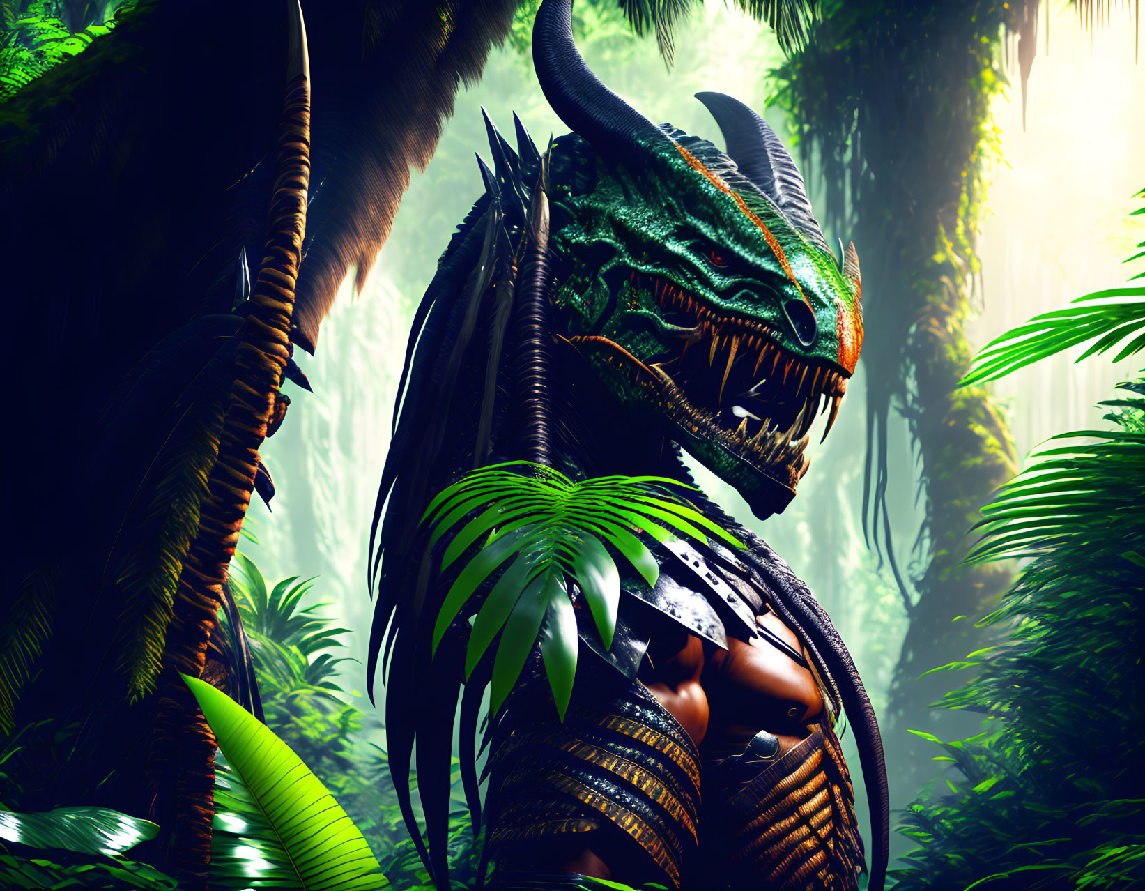 Green dragon with glowing eyes in lush jungle exudes menace