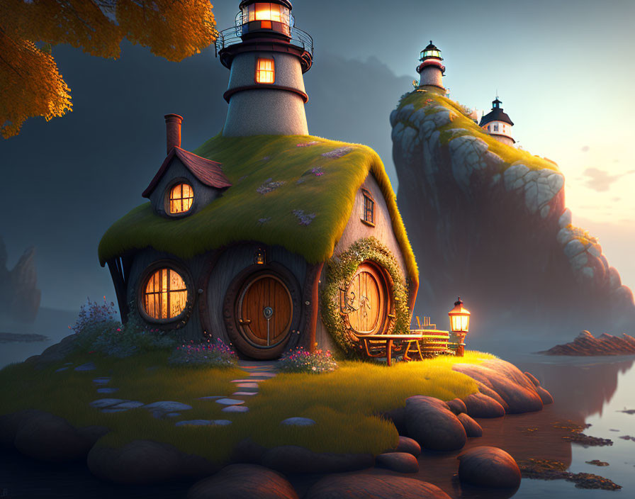 Lighthouse and Cottage Illustration on Grassy Hill at Dusk