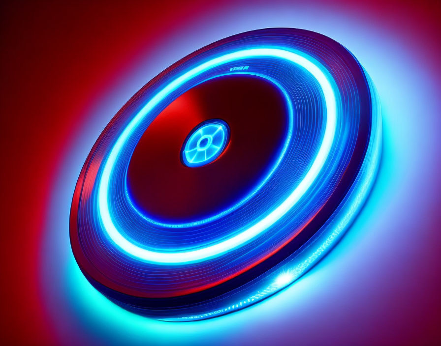 Futuristic glowing disk with blue and red neon lights on dark background